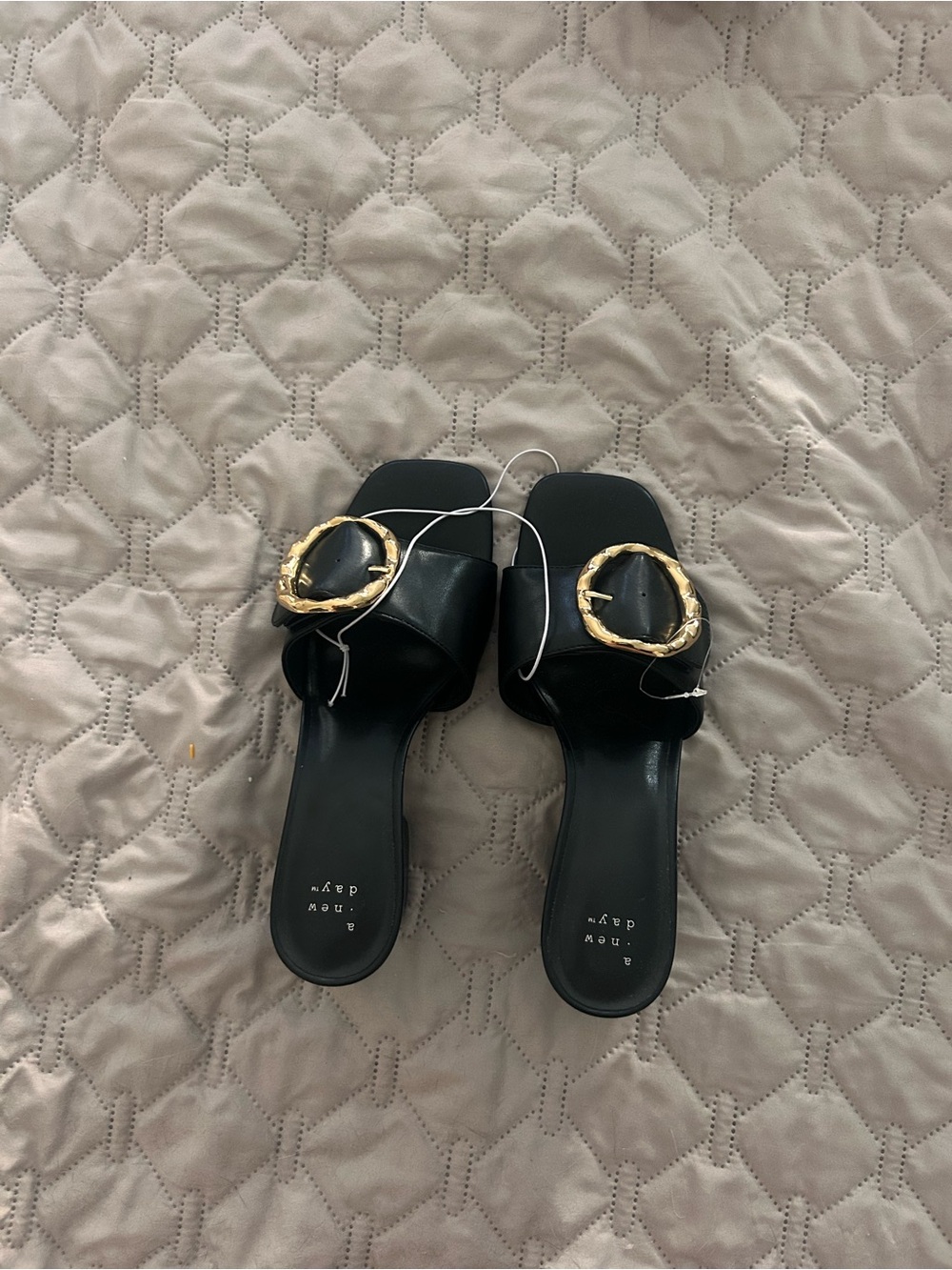 A New Day Black Slide Block Heel Sandals with Gold Buckle - Women